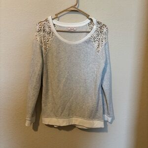 Pink Rose Women’s Grey Beige Stripe Lace Sweater, Size Medium